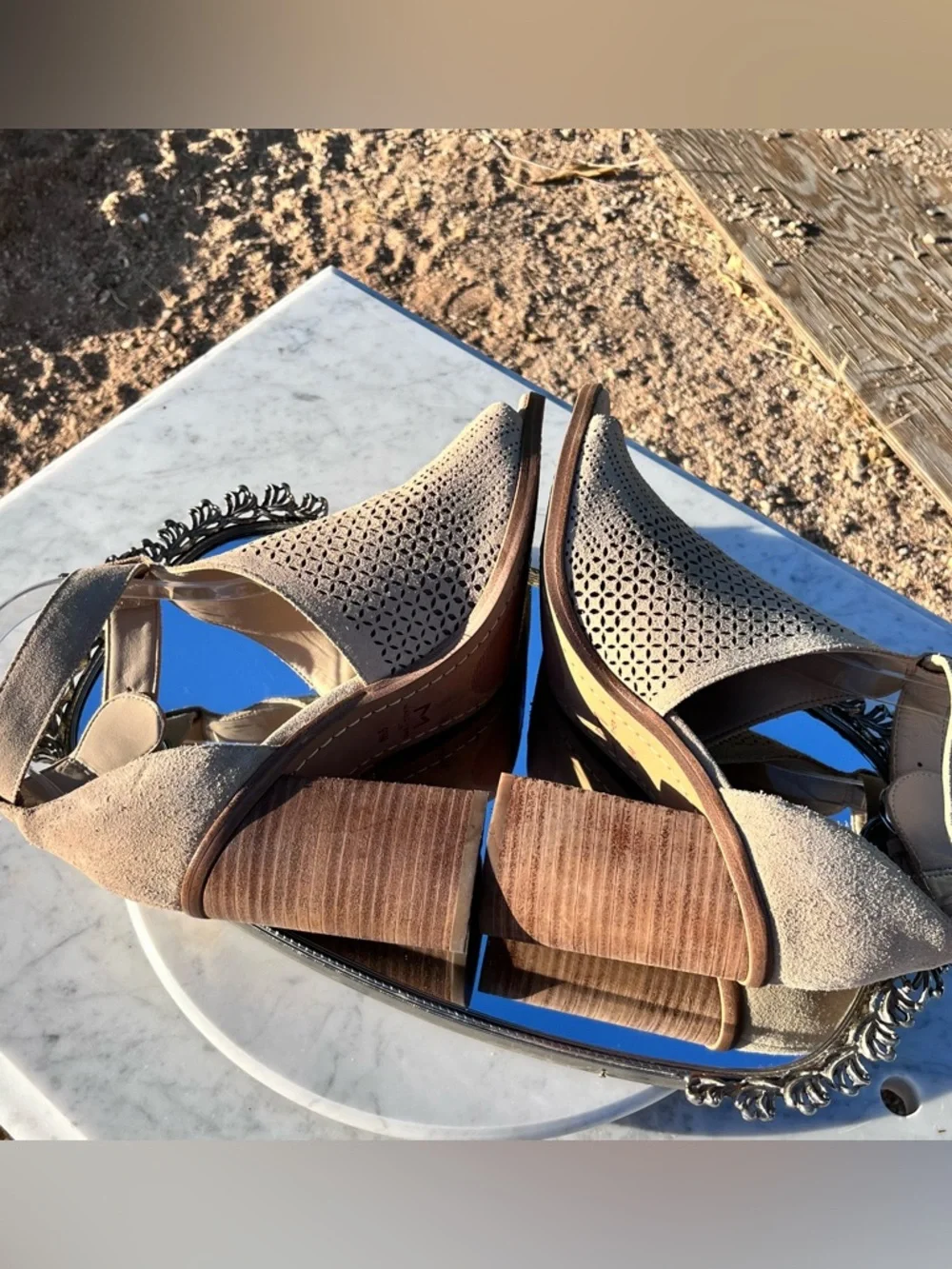 Marc Fisher Vixen Peep Toe City Sandal, 9.5, Tan Perforated Suede, 3.75” Heel - Picture 13 of 15